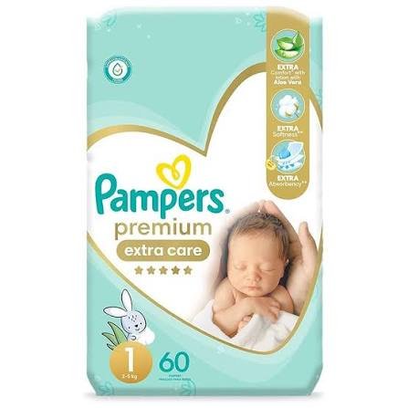 حفاضات أطفال pampers برميوم اكسترا كير بامبرز - 2 - 5ك - مقاس 1 - 60 حفاضة